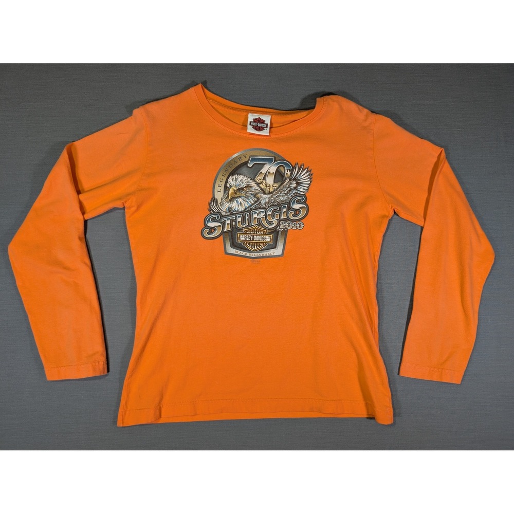 Harley Davidson 70th Sturgis 2010 Deadwood SD Orange Long Sleeve Shirt Womens M